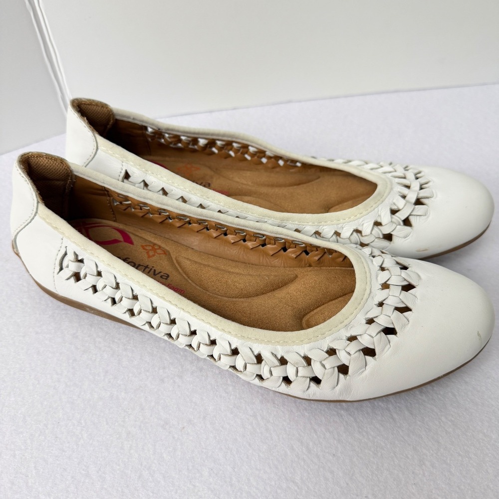 Comfortiva White Leather Woven Ballet Flats Pillowtop Memory Foam 8M